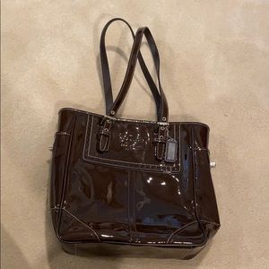 Coach chocolate brown patent leather tote